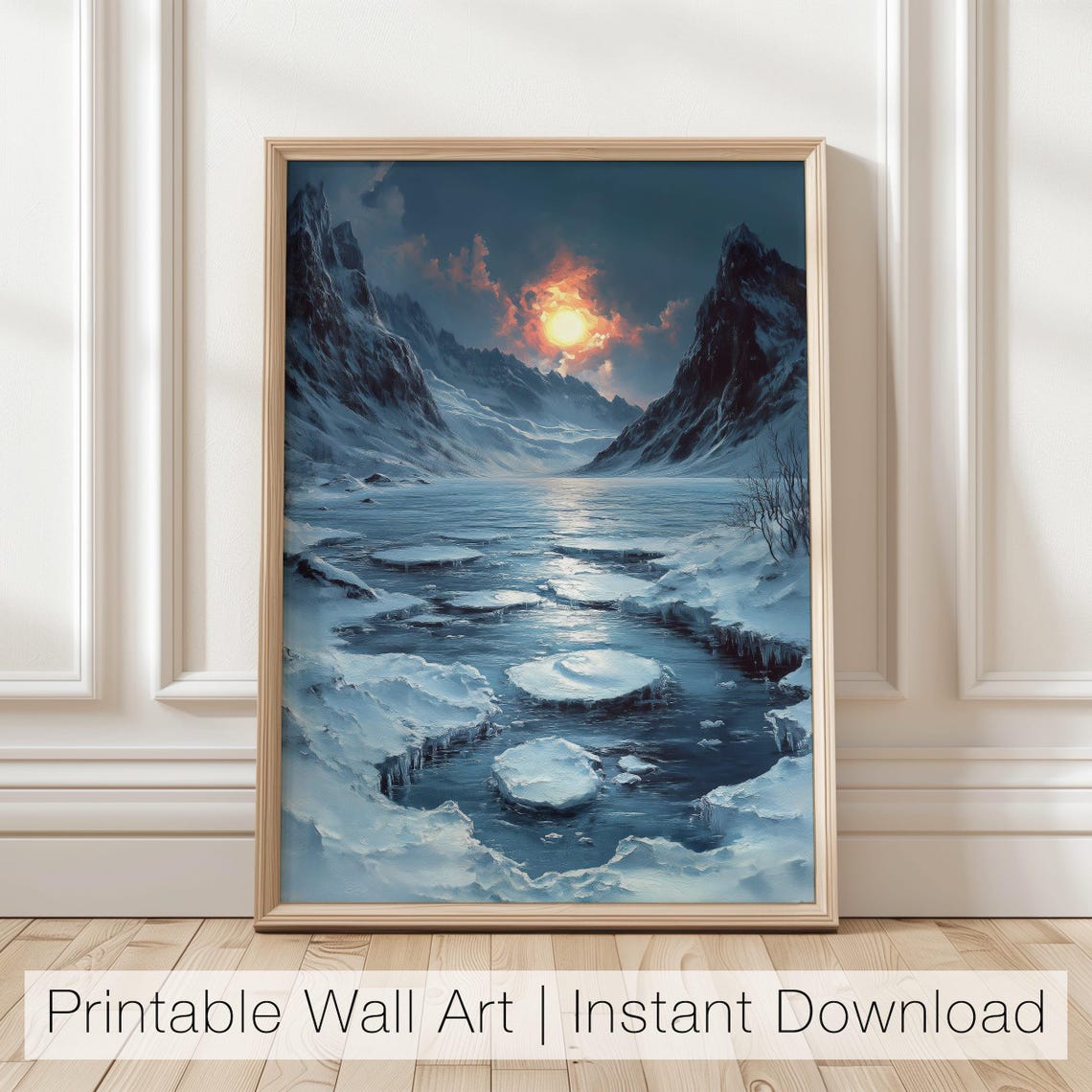 Frozen Mountain Lake at Sunset With Golden Sun Reflection Poster