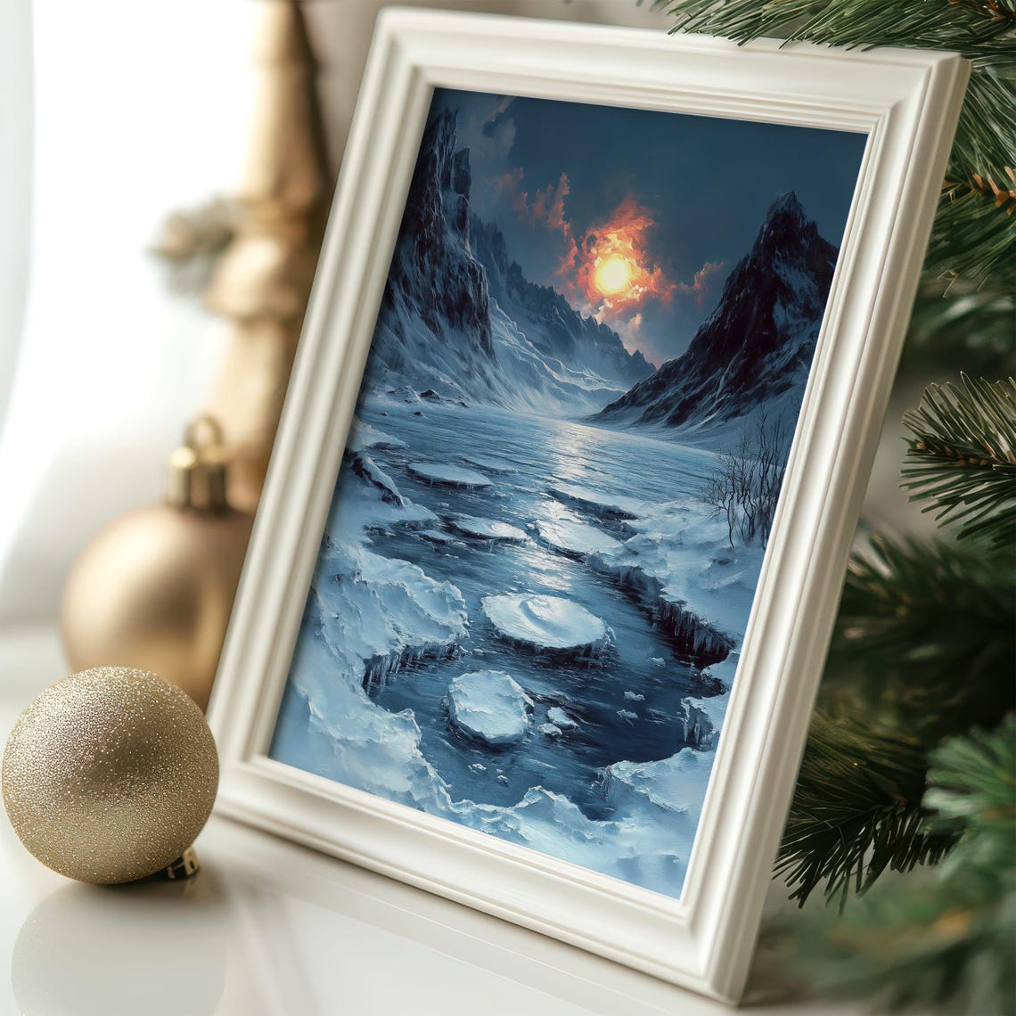 Frozen Mountain Lake at Sunset With Golden Sun Reflection Poster - Image 3