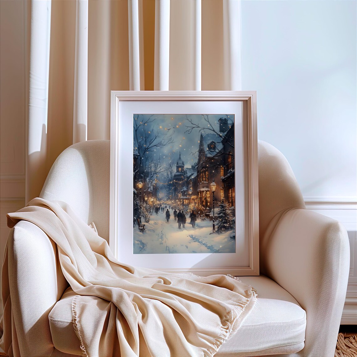Winter Night Town Art Print, Snowy Street Holiday Decor - Image 6