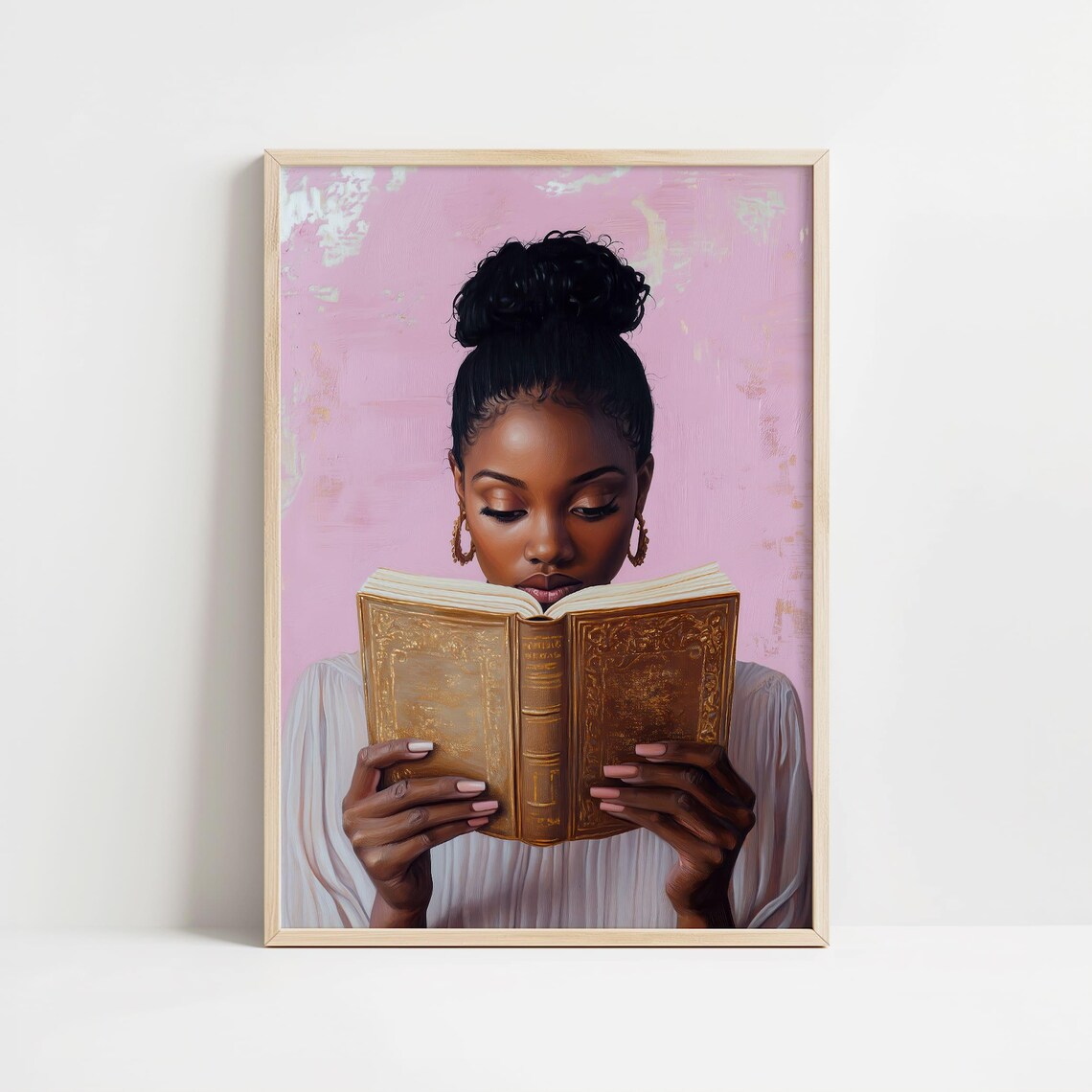 Black Woman Reading Gilded Book Pink Background Book Lover Poster - Image 8