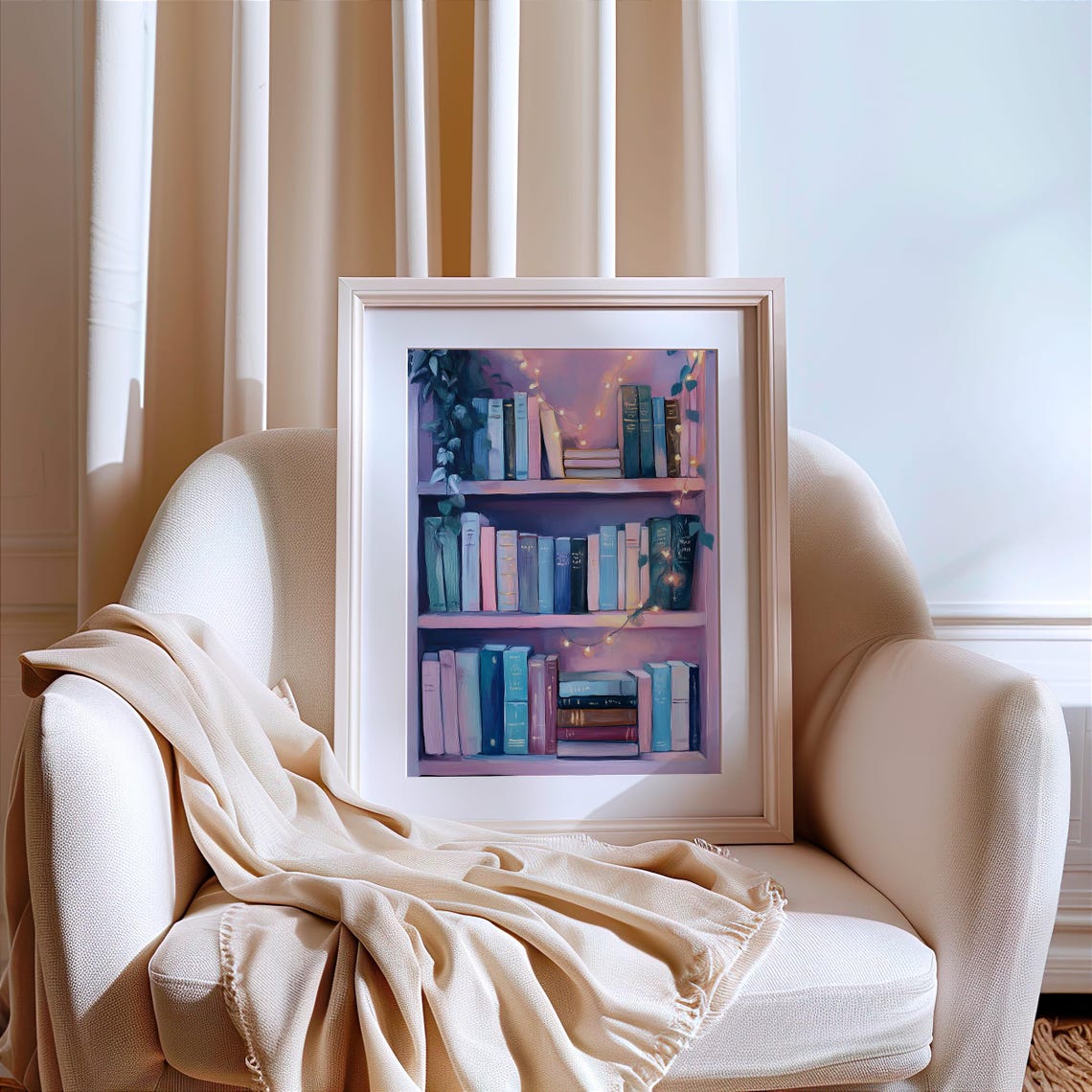 Pastel Pink Bookshelf With Glowing Fairy Lights Cozy Decor Poster - Image 3