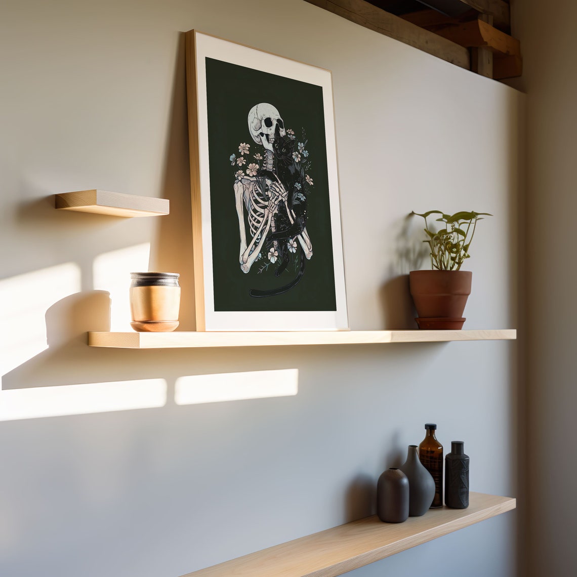 Floral Skeleton Hugging Black Cat Gothic Halloween Night Poster - Image 4