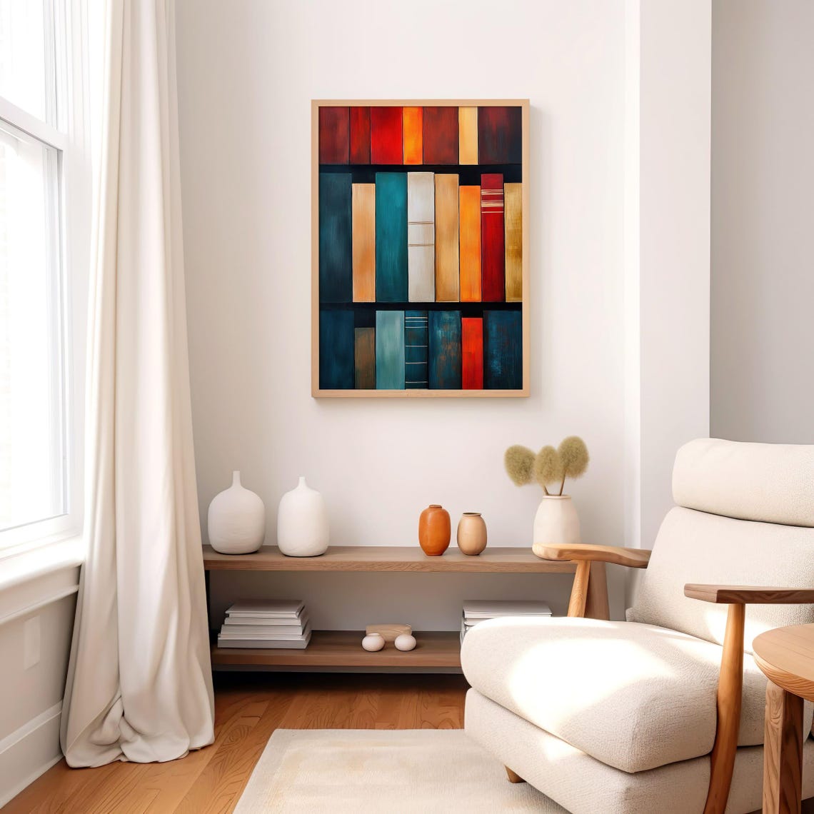 Abstract Colorful Bookshelf Oil Painting Teal Red Book Spines Poster - Image 7