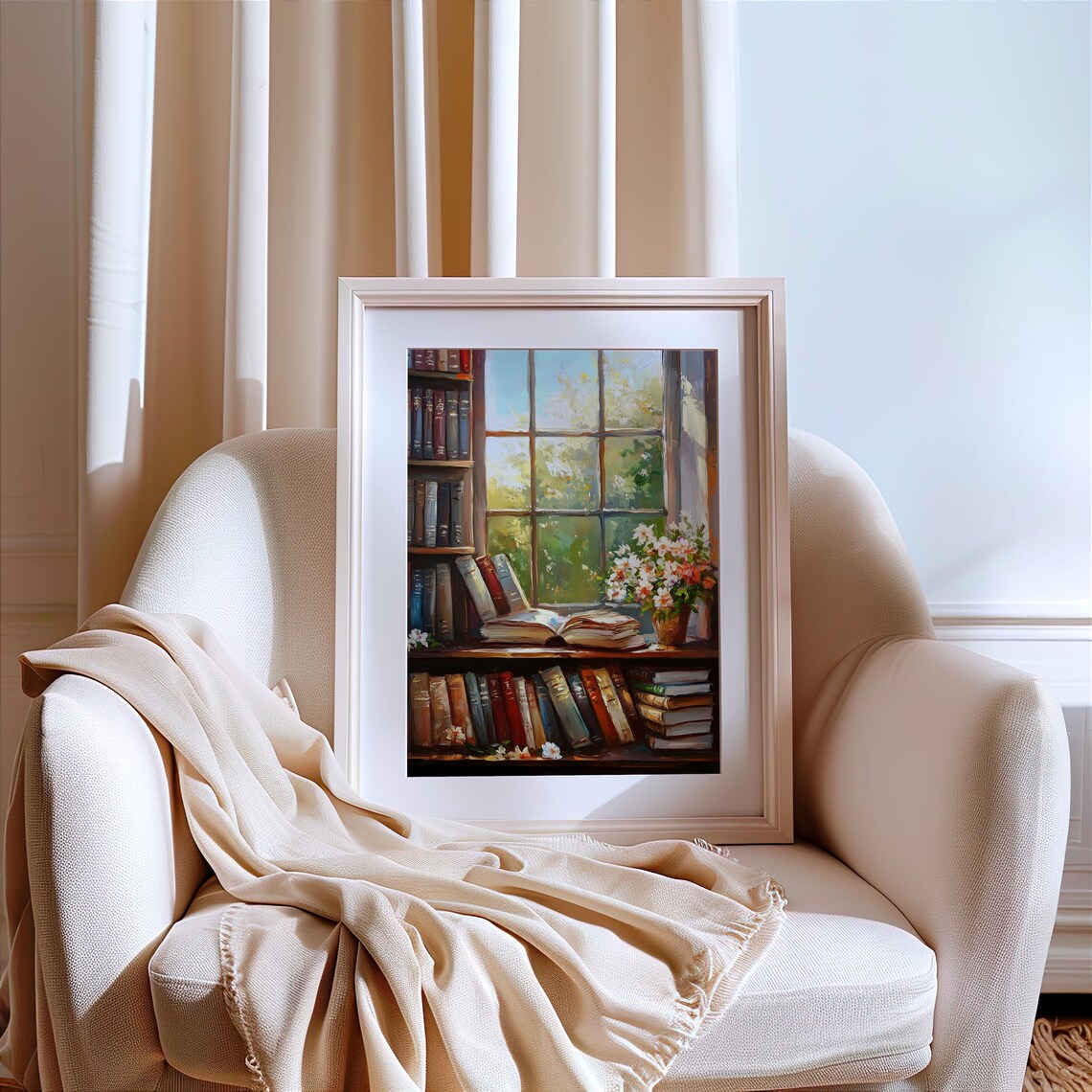 Cozy Vintage Library Art Print, Floral Bookshelf - Image 3