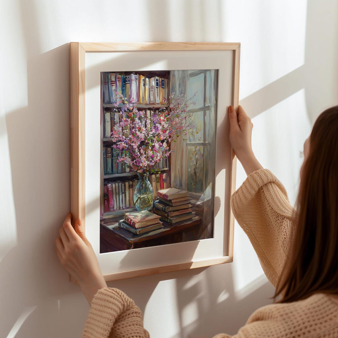 Vintage Bookshelf With Pink Blossoms By Sunlit Window Poster - Image 6