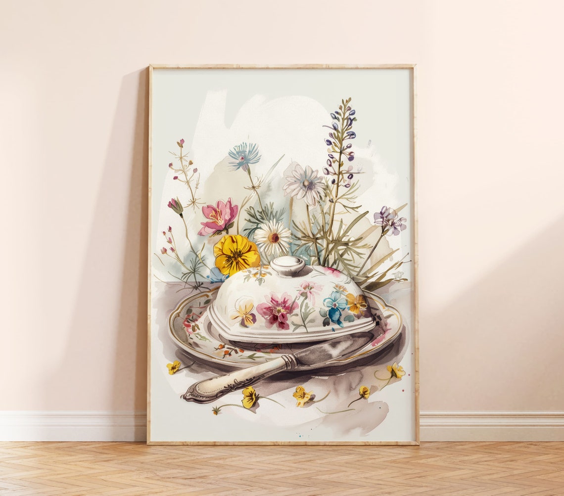 Shabby Chic White Floral Butter Dish Watercolor Kitchen Print