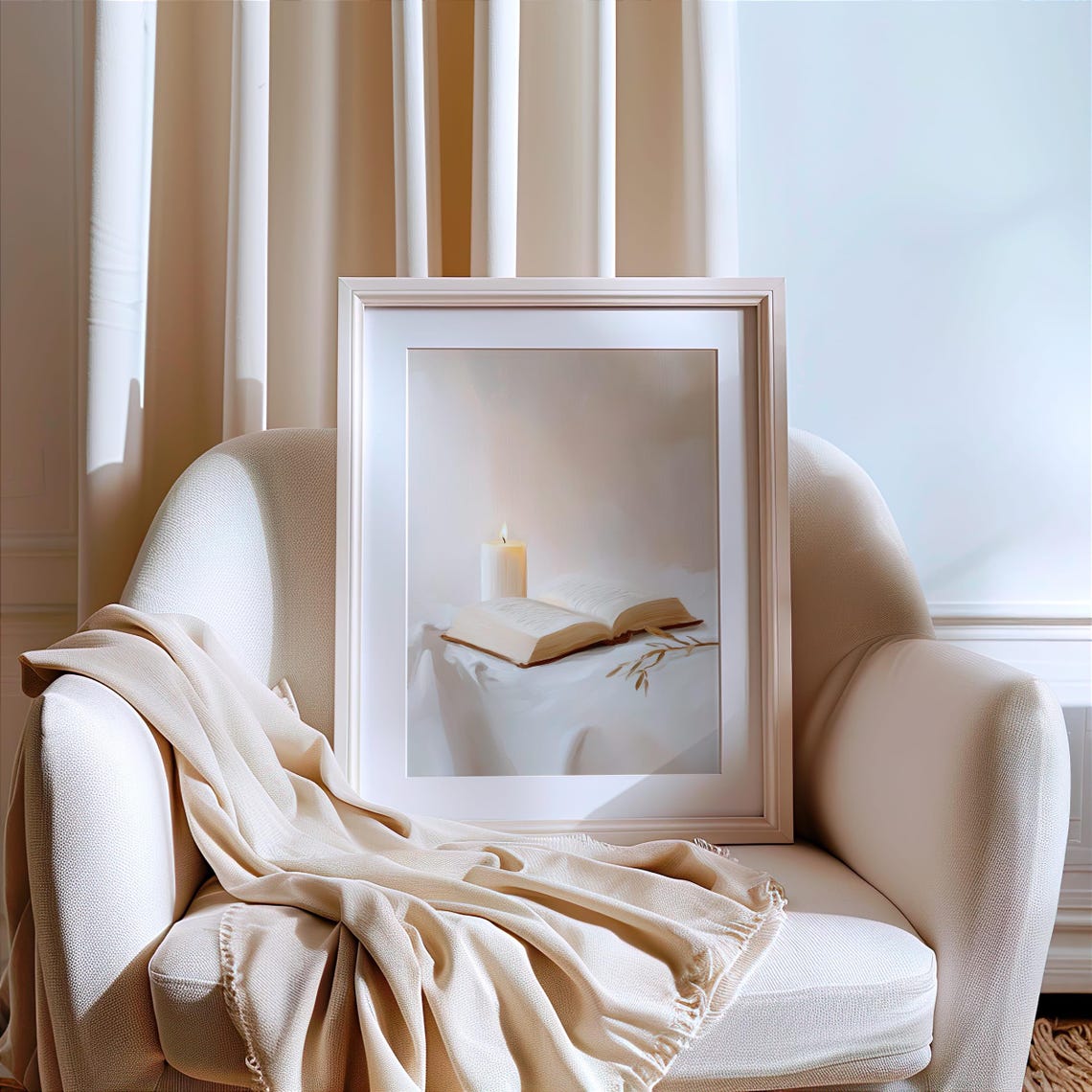 Minimalist Candle and Open Book Warm Neutral Still Life Art Poster - Image 3