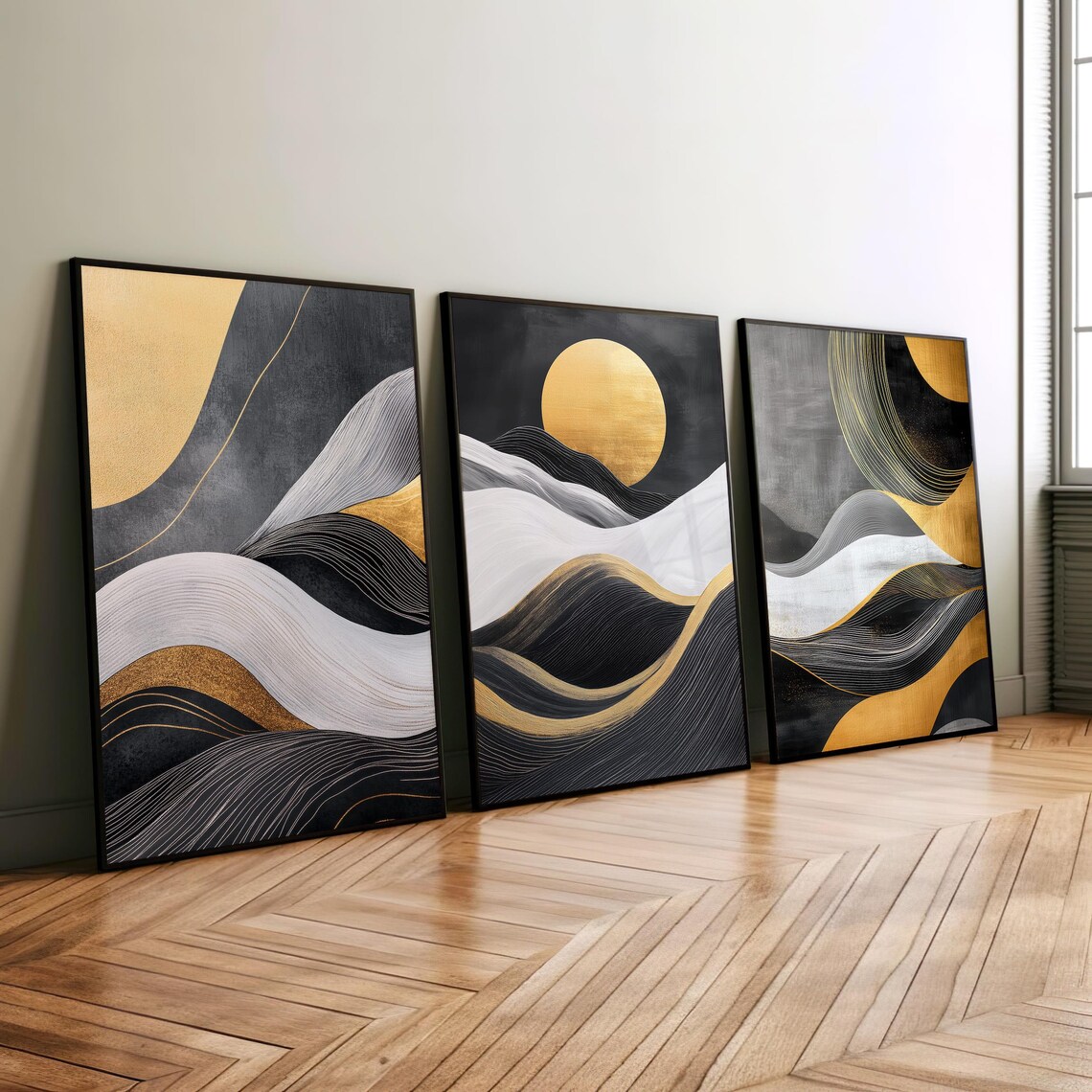 Set of Three Black and Gold Abstract Waves with Golden Sun Art Poster - Image 8