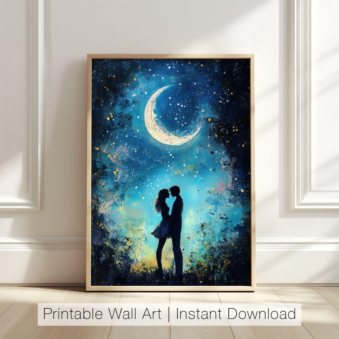 Kissing Couple Silhouette Under Crescent Moon Night Art Poster