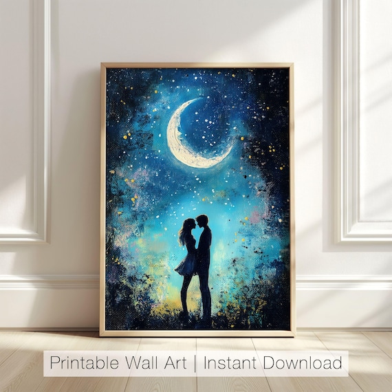Kissing Couple Silhouette Under Crescent Moon Night Art Poster