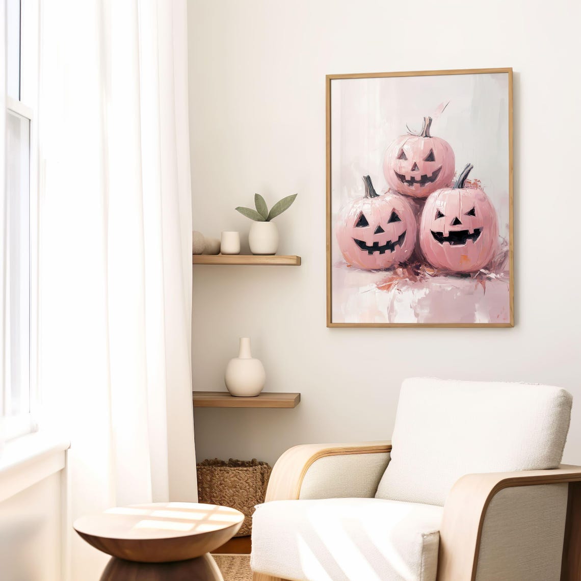 Cute Pink Jack O Lantern Pumpkins Pastel Halloween Painting Poster - Image 3