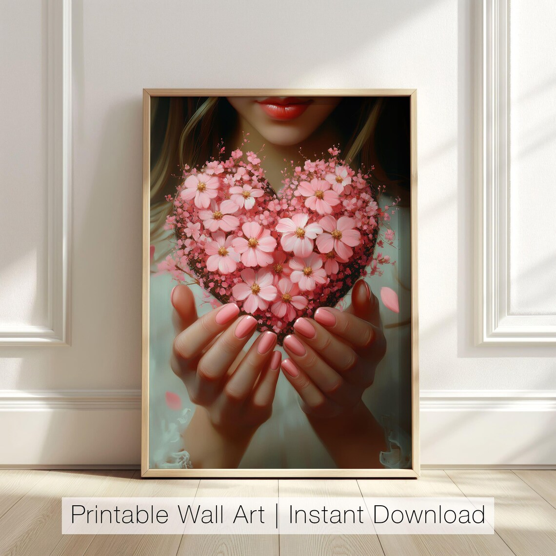 Woman Holding Heart Of Pink Flowers Romantic Floral Art Poster