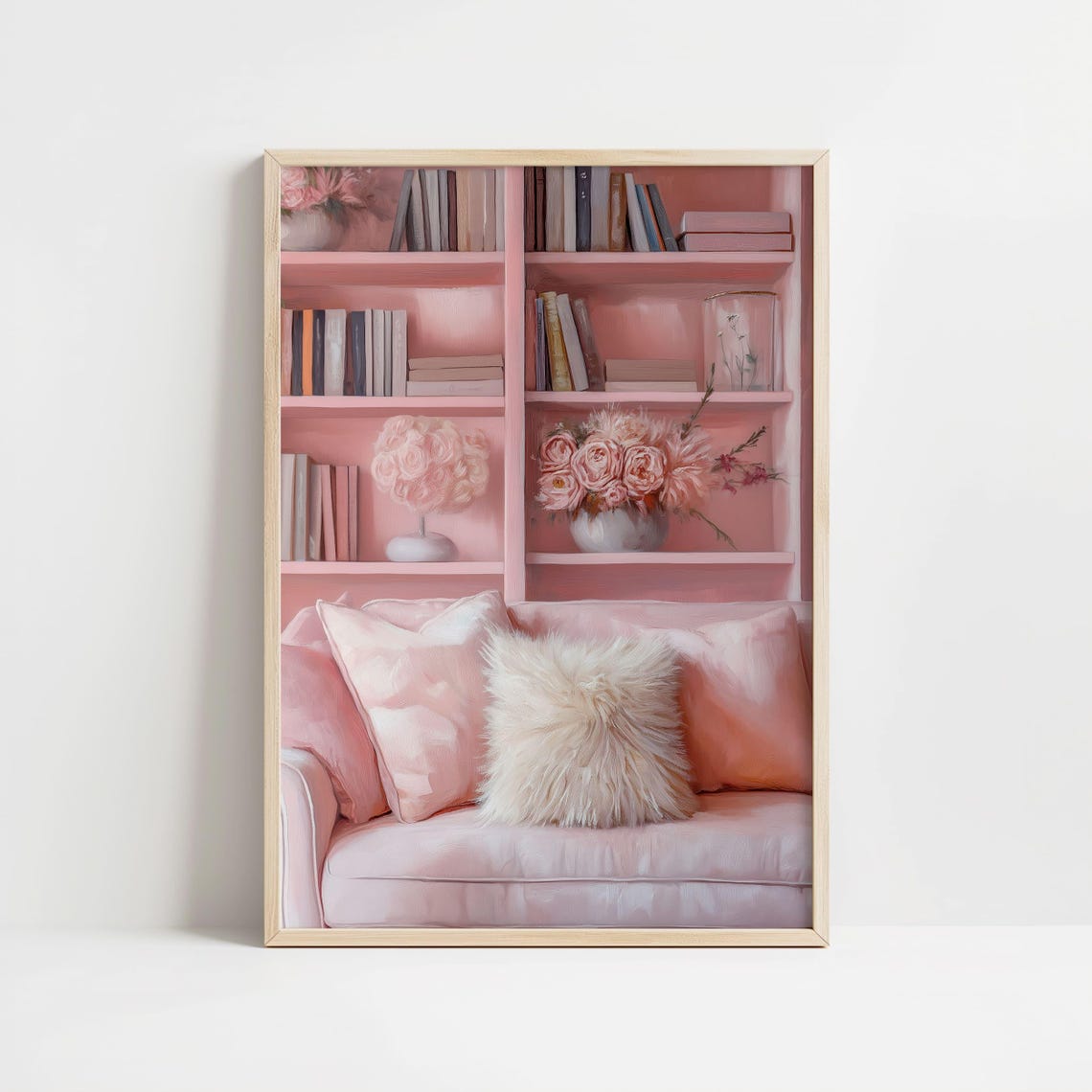 Pink Home Library Bookshelf Cozy Reading Nook Roses Decor Wall Art - Image 2