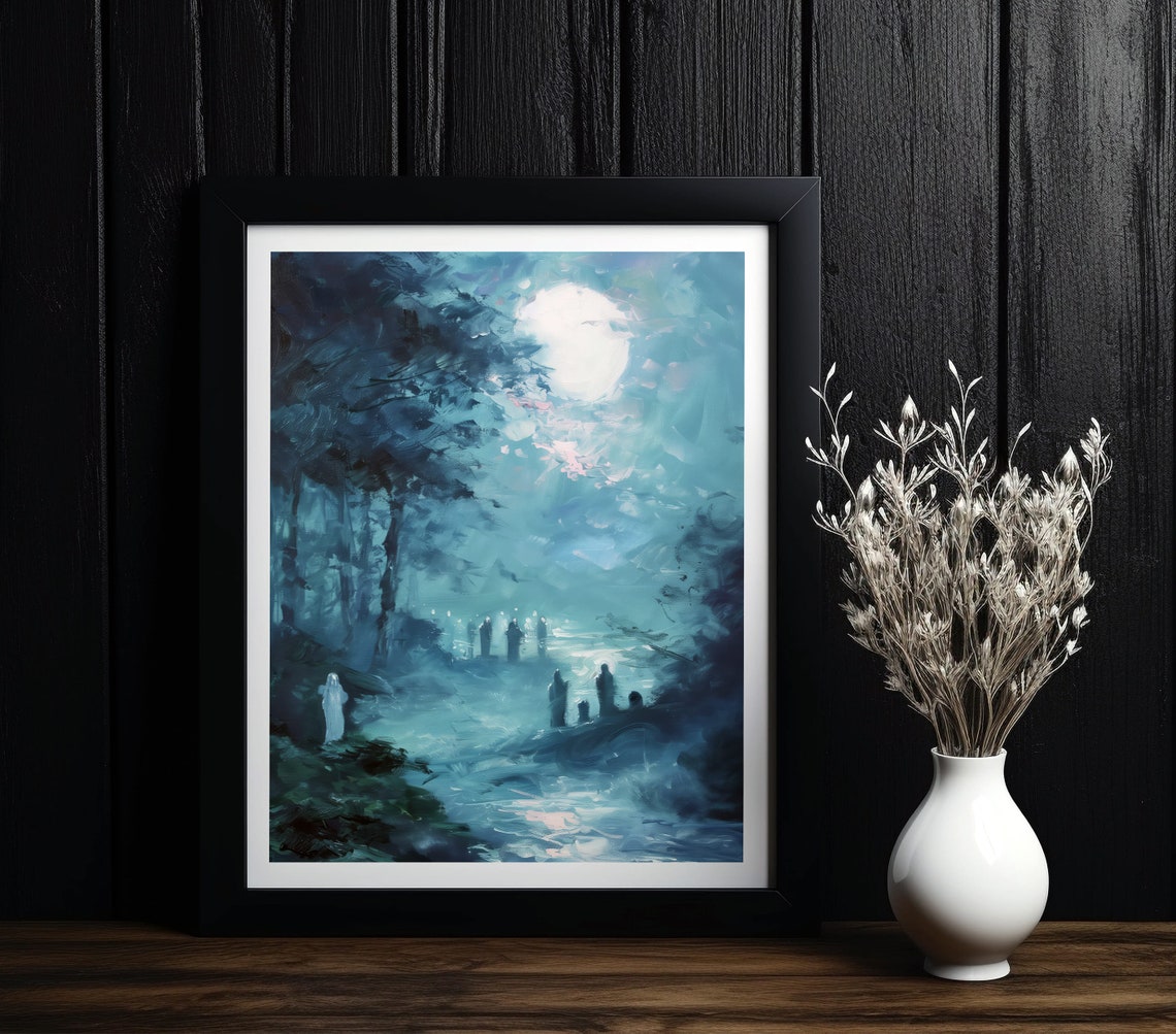 Moonlit Forest With Ghostly Figures Spooky Teal Gothic Art Poster - Image 6