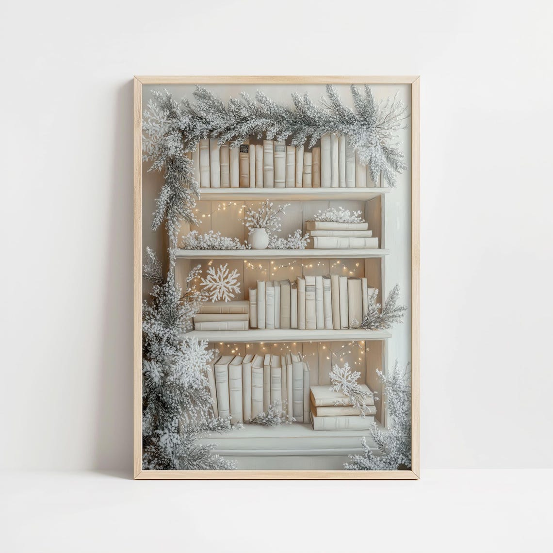 White Winter Bookshelf With Frosty Decor and Fairy Lights Poster - Image 8