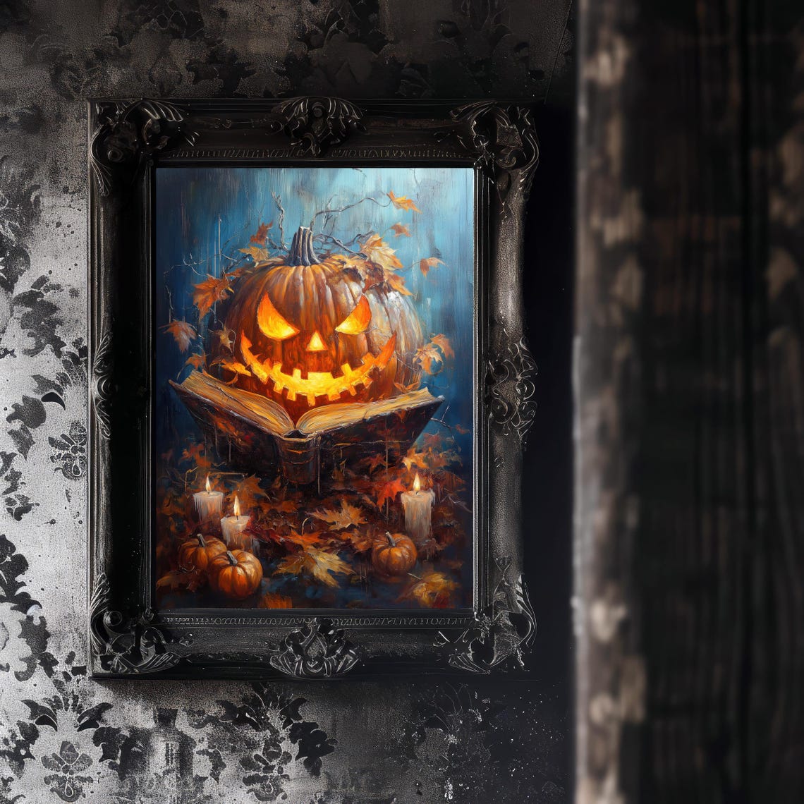 Spooky Glowing Pumpkin Reading Open Book Halloween Night Poster - Image 2