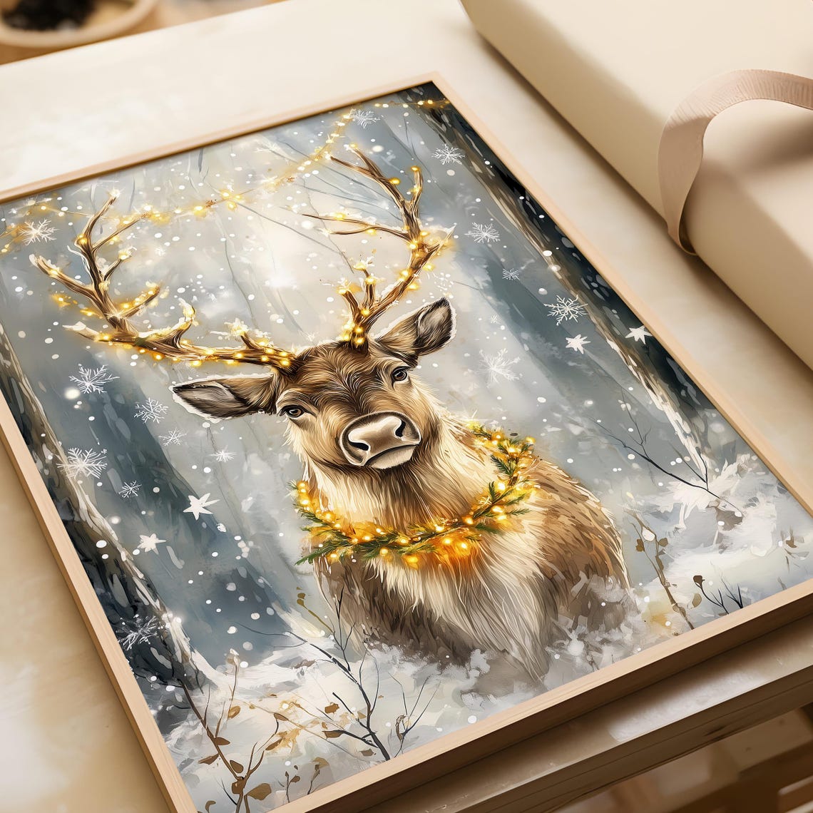 Christmas Reindeer With Lights Snowy Forest Winter Deer Poster - Image 4
