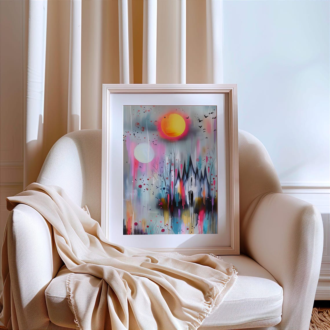 Colorful Gothic Castle Neon Drip Paint Haunted Sunset Wall Art - Image 2