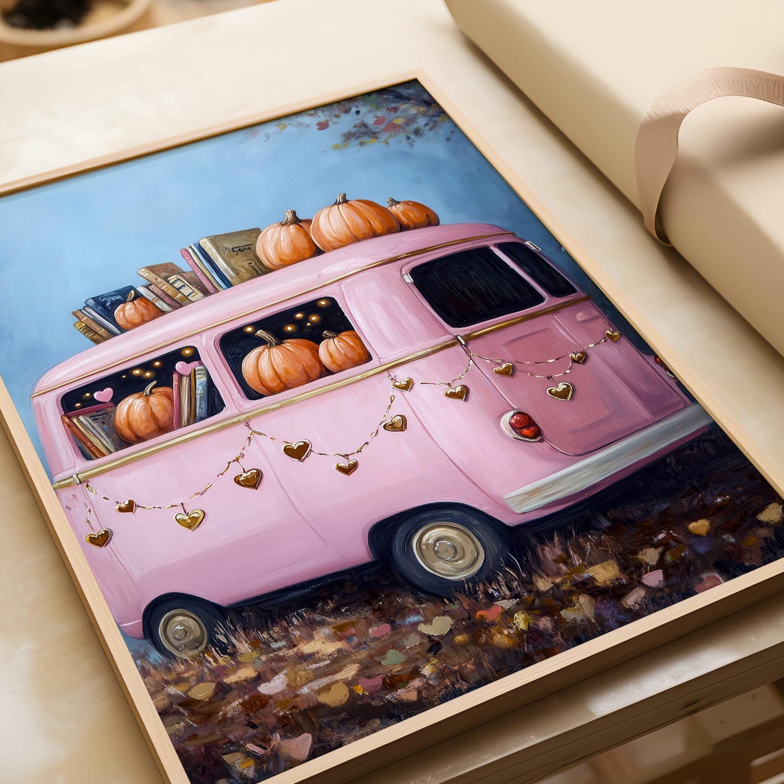 Pink Retro Van With Pumpkins and Books Fall Halloween Poster - Image 2