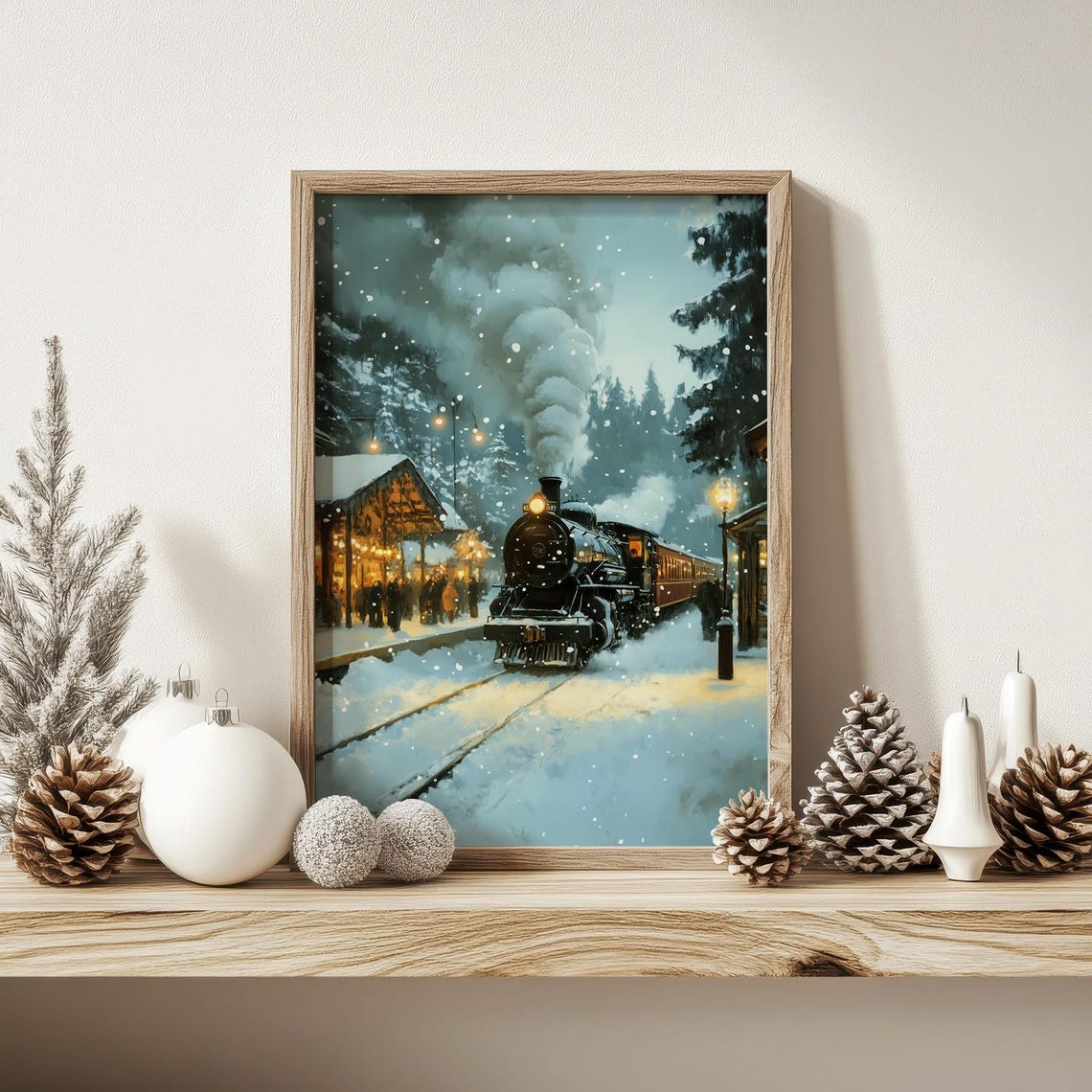 Steam Train At Snowy Station Winter Night Vintage Art Poster - Image 2