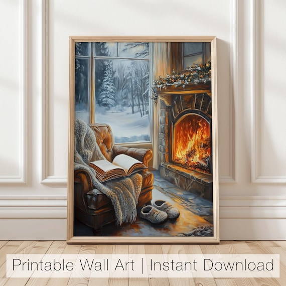 Cozy Reading Nook by Fireplace With Snowy Window View Poster
