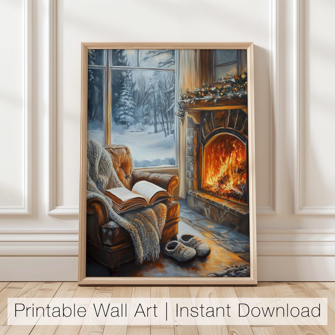 Cozy Reading Nook by Fireplace With Snowy Window View Poster