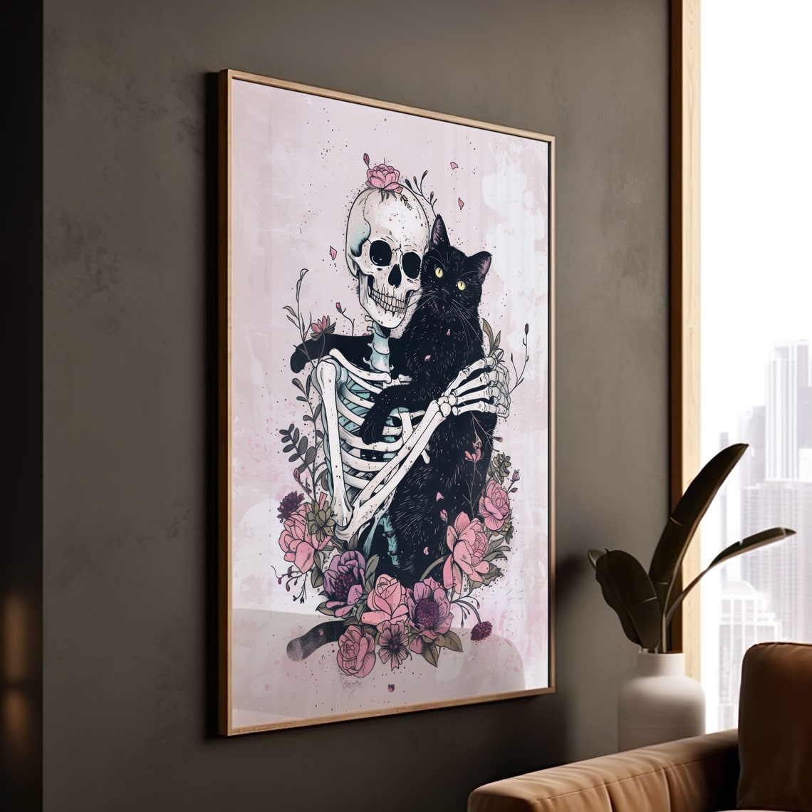Gothic Skeleton Hugging Black Cat Dark Floral Illustration Print - Image 2