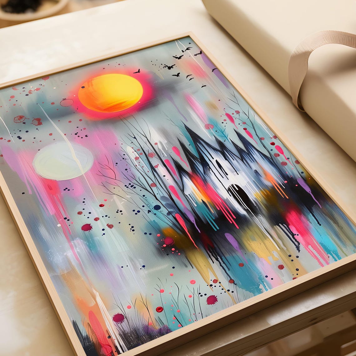 Colorful Gothic Castle Neon Drip Paint Haunted Sunset Wall Art - Image 6