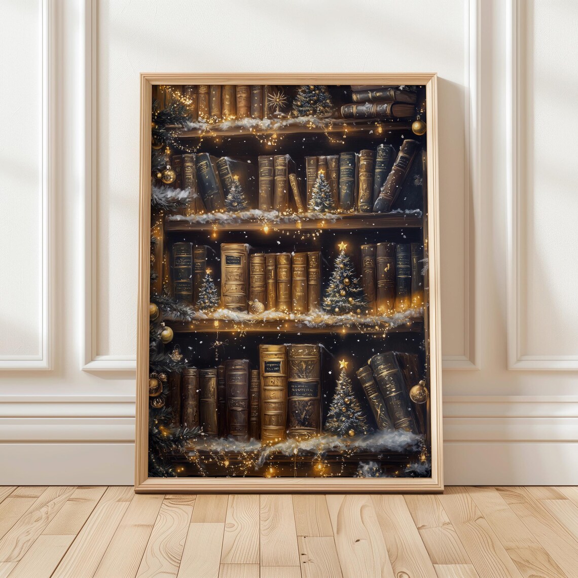 Christmas Bookshelf Art Print, Holiday Reading Nook