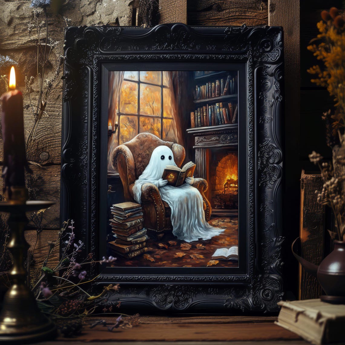Cute Ghost Reading in Armchair by Fireplace Halloween Art Poster - Image 8