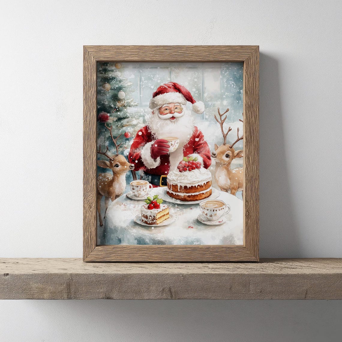 Santa Claus Tea Party With Reindeer Watercolor Christmas Poster - Image 3