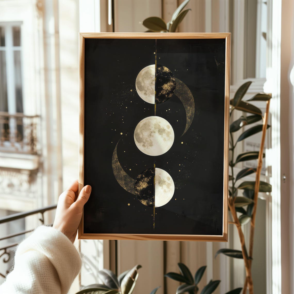 Gold Moon Phases Celestial Lunar Cycle Black Night Sky Poster - Image 2