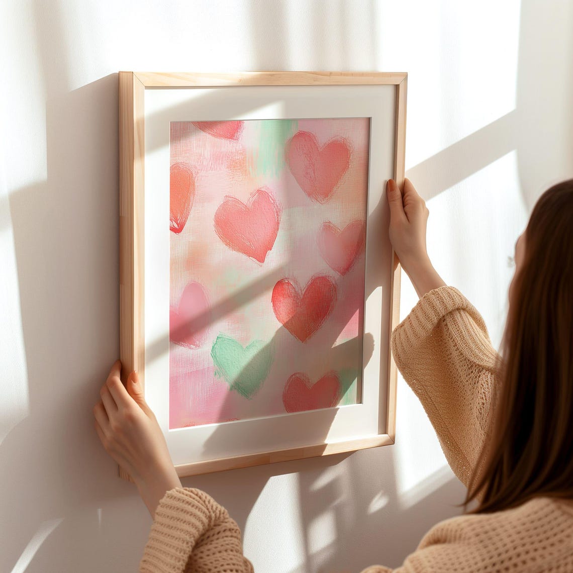 Sweet Pastel Hearts Pattern Pink Coral Mint Watercolor Poster - Image 3