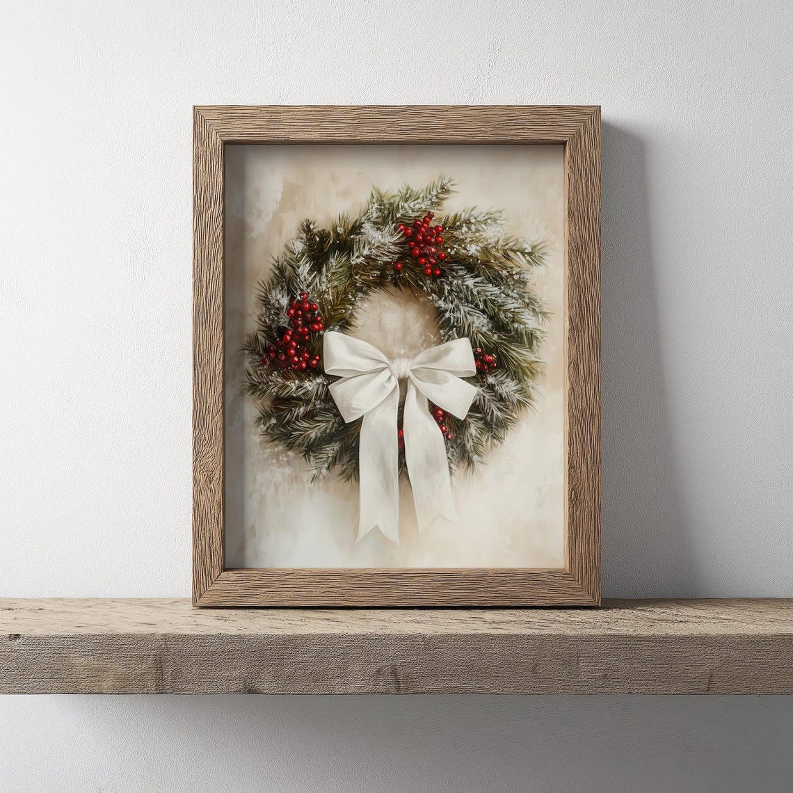 Vintage Christmas Wreath With White Bow Red Berries Pine Poster - Image 5