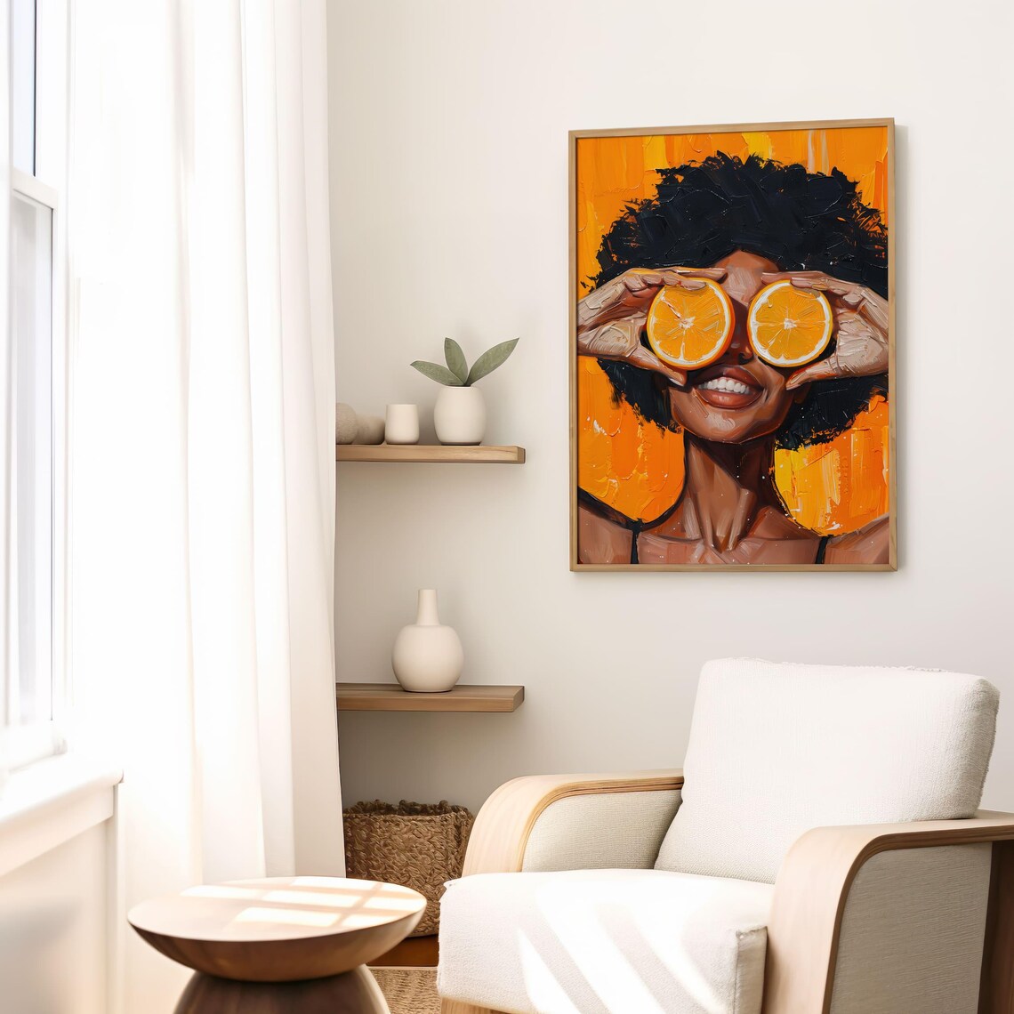 Vibrant Black Woman Holding Orange Slices Over Her Eyes Poster - Image 3