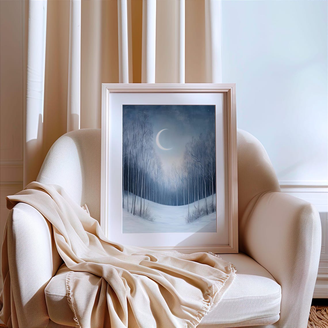 Glowing Crescent Moon Over a Snowy Winter Birch Forest Poster - Image 3