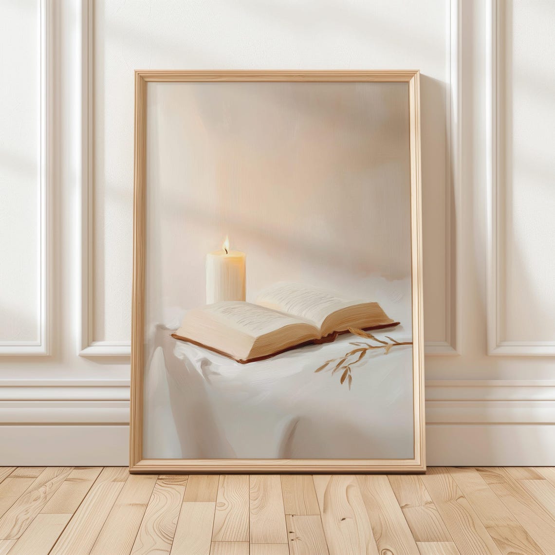 Minimalist Candle and Open Book Warm Neutral Still Life Art Poster