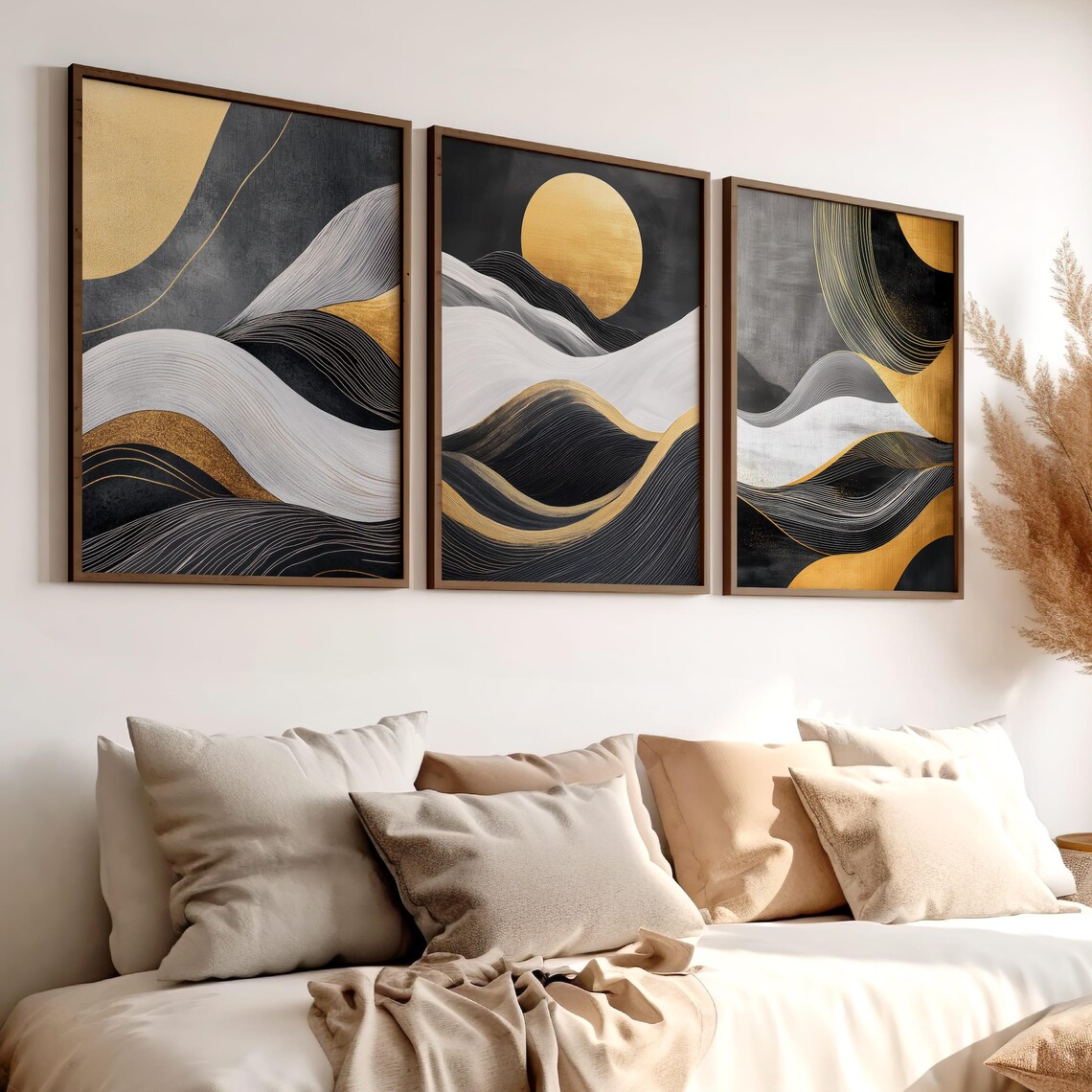 Set of Three Black and Gold Abstract Waves with Golden Sun Art Poster - Image 7
