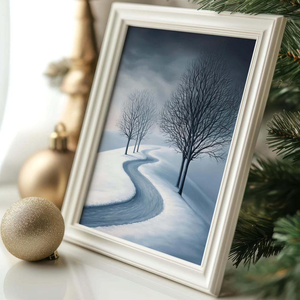 Minimalist Winding Winter Road Through Snowy Bare Trees Poster - Image 5