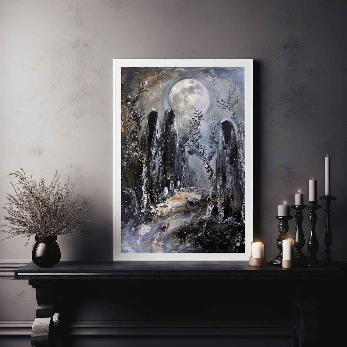 Ghosts Among Dead Trees Under Full Moon Gothic Night Art Poster - Image 3