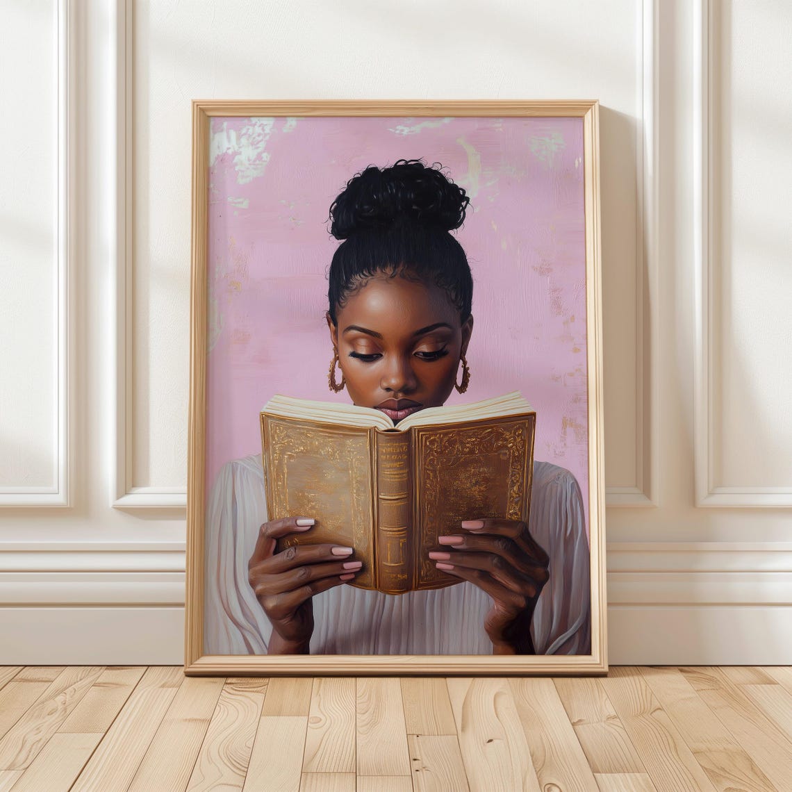 Black Woman Reading Gilded Book Pink Background Book Lover Poster