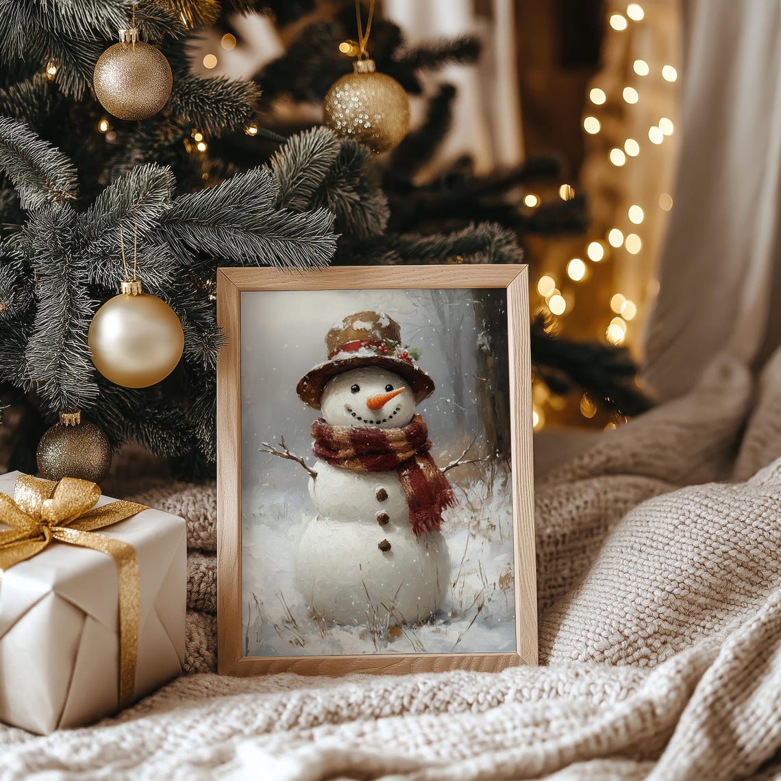 Cheerful Snowman With Red Scarf in Snowy Winter Woods Poster - Image 3