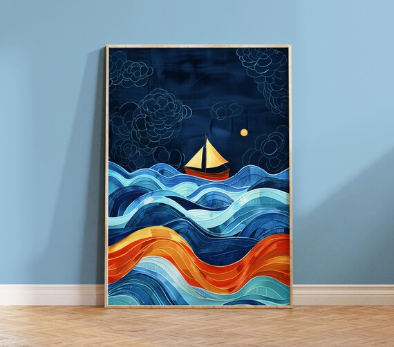 Golden Sailboat Night Waves Stylized Ocean Seascape Art Poster