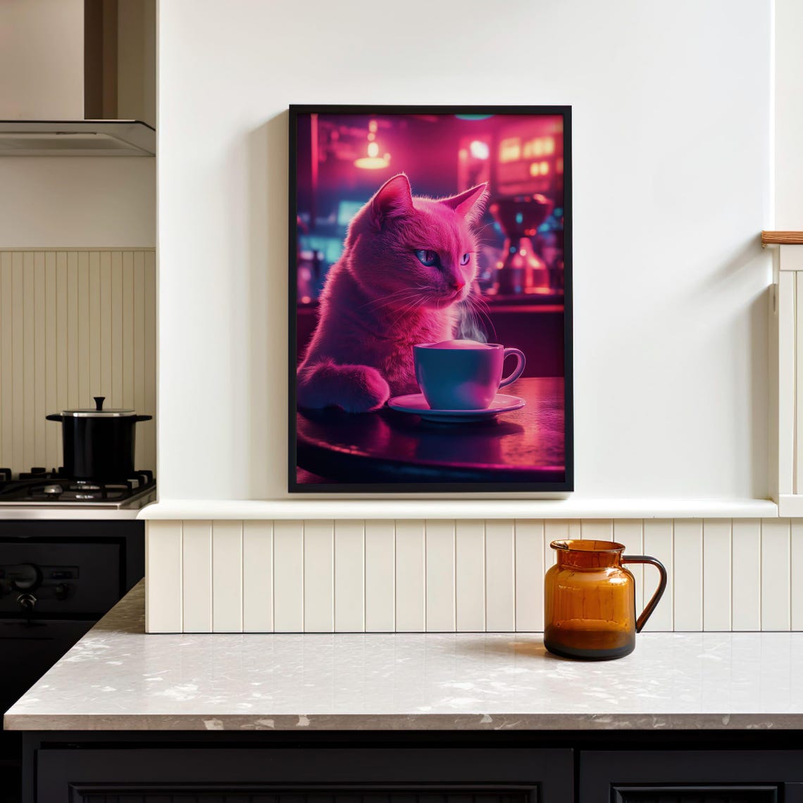 Neon Pink Cat With Coffee Cyberpunk Night Cafe Animal Wall Poster - Image 2