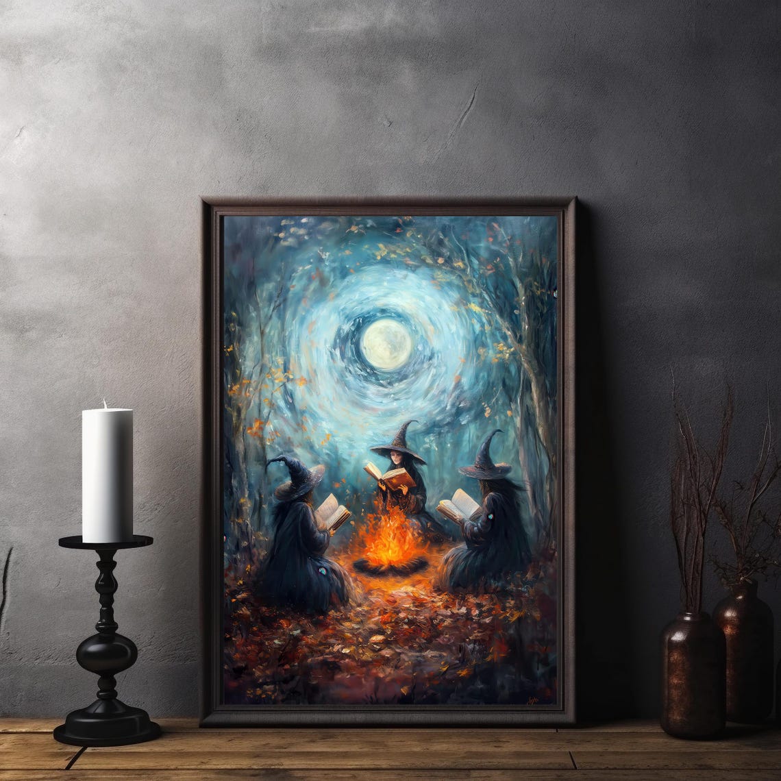 Three Witches Reading by Campfire Moonlit Forest Gothic Poster - Image 4