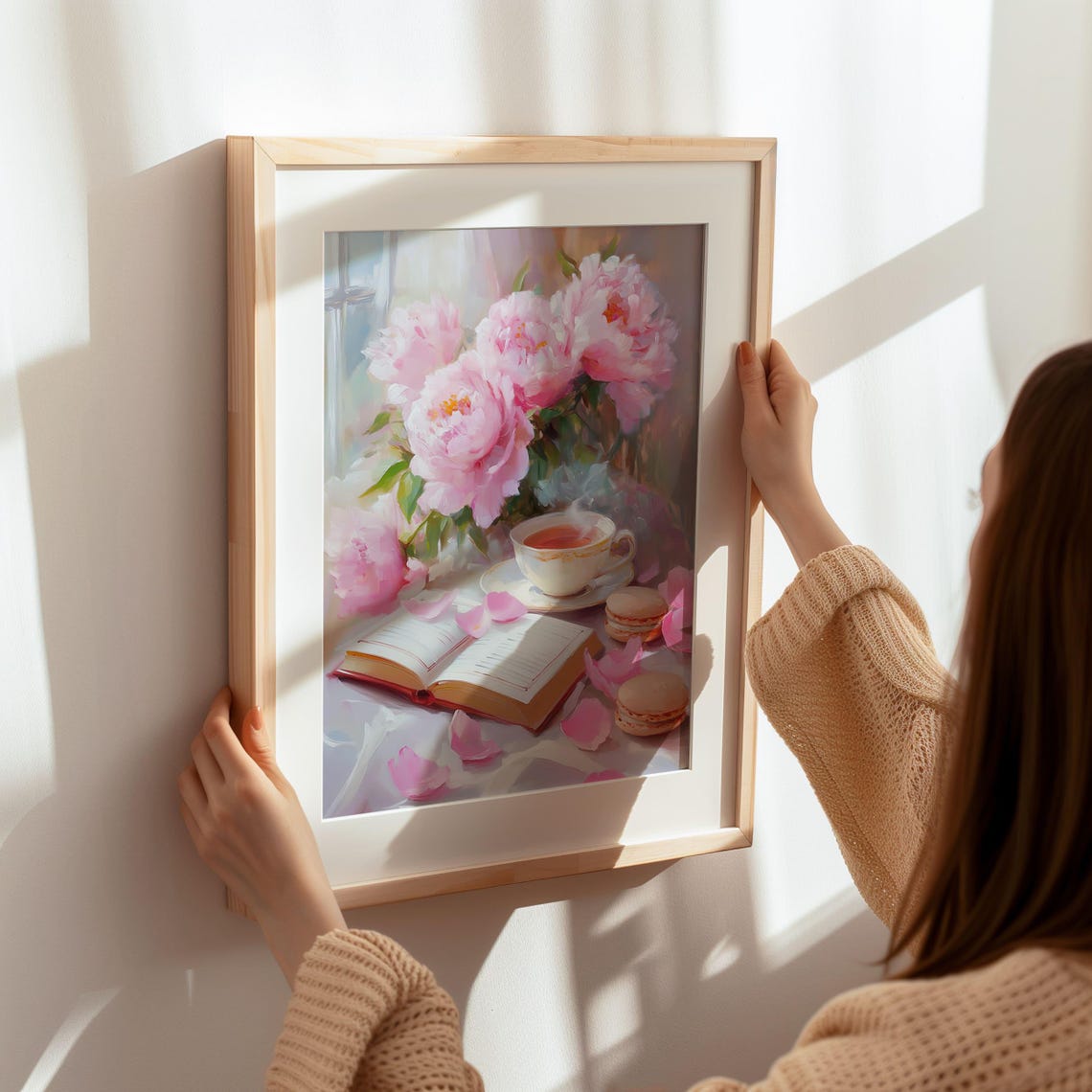 Pink Peonies with Open Book Tea and Macarons Floral Bookish Art Poster - Image 7