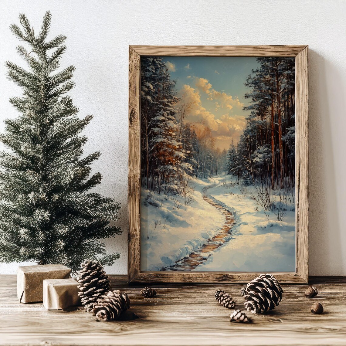 Snowy Winter Forest Path Pines Sunset Sky Serene Nature Landscape Poster - Image 2