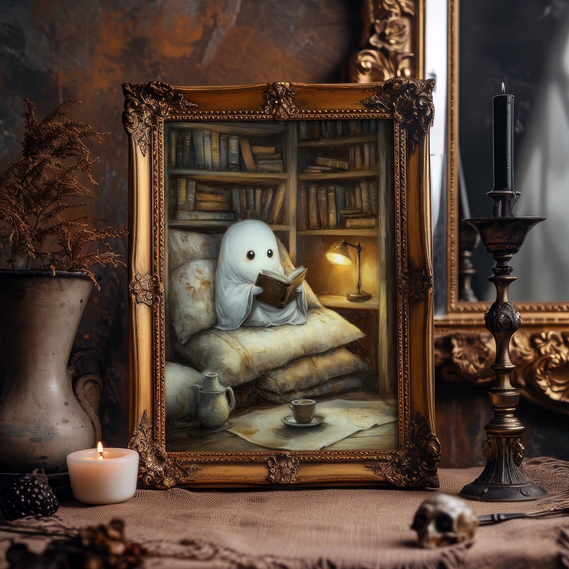 Cozy Ghost Library Art Print, Bookish Halloween Decor - Image 5