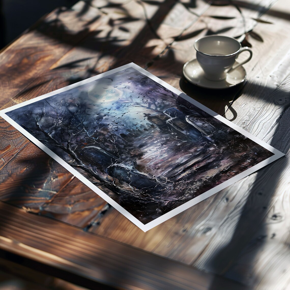 Haunted Cemetery Full Moon Bats Spooky Night Painting Art Poster - Image 7