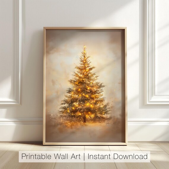 Golden Lit Christmas Tree Warm Winter Holiday Decor Art Poster